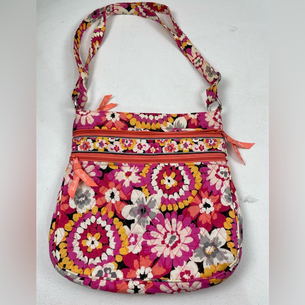Vera Bradley Pixie Blooms Triple Zip Hipster Crossbody Bag Pink Spring Flowers